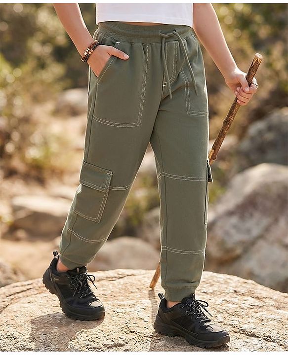 Pine Kids Knit Full Length Solid Lounge Pant with Pocket - Olive Green