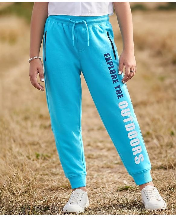 Pine Kids Knit Full Length Lounge Pant with Text Print - Light Blue