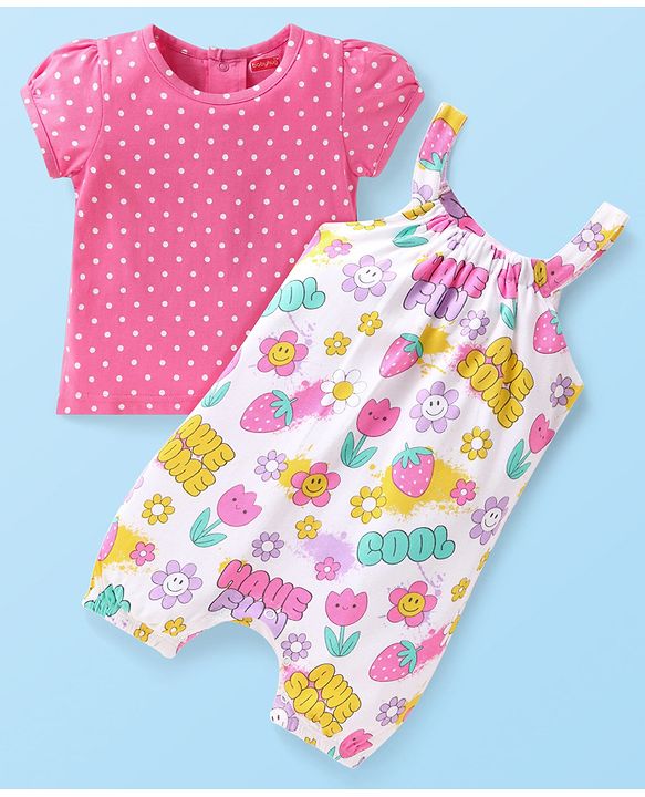 Babyhug Single Jersey Knit Dungaree & Half Sleeves T-Shirt With Floral & Polka Dot Print - White & Pink