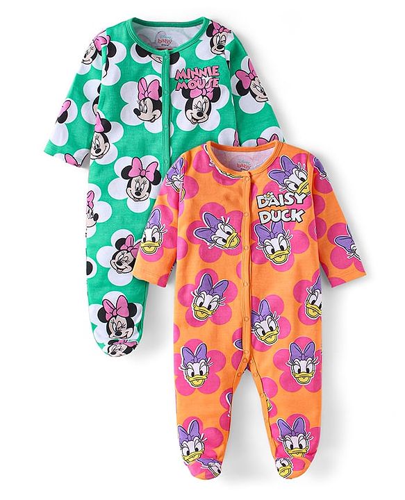 Babyhug Disney Interlock Knit Full Sleeves Footed Sleepsuits With Minnie Mouse Graphics Pack Of 2 - Green Orange