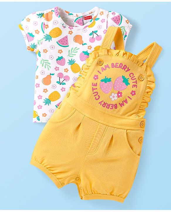 Babyhug Single Jersey Knit Half Sleeves Top & Dungaree with Tropical Theme Print - Yellow & White