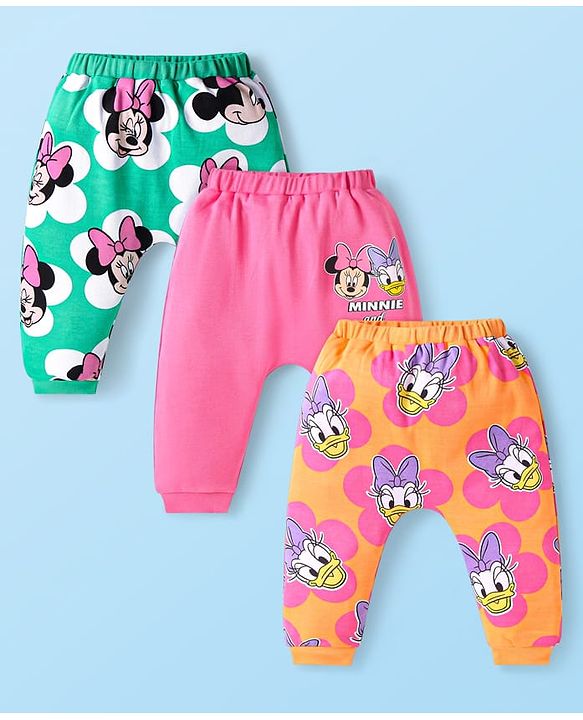 Babyhug Disney Interlock Knit Full Length Diaper Legging with Minnie Mouse Graphics Pack of 3 - Pink Green & Orange