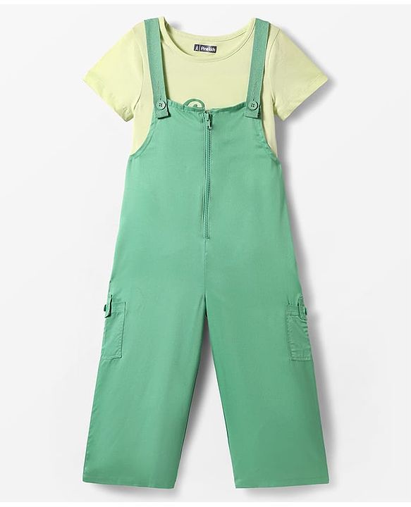 Pine Kids Cotton Woven Half Sleeves Inner Top & Dungaree with Bon Appetitt Text Print - Light Green & Green