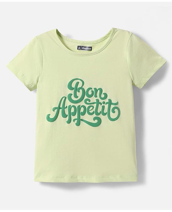 Pine Kids Cotton Woven Half Sleeves Inner Top & Dungaree with Bon Appetitt Text Print - Light Green & Green