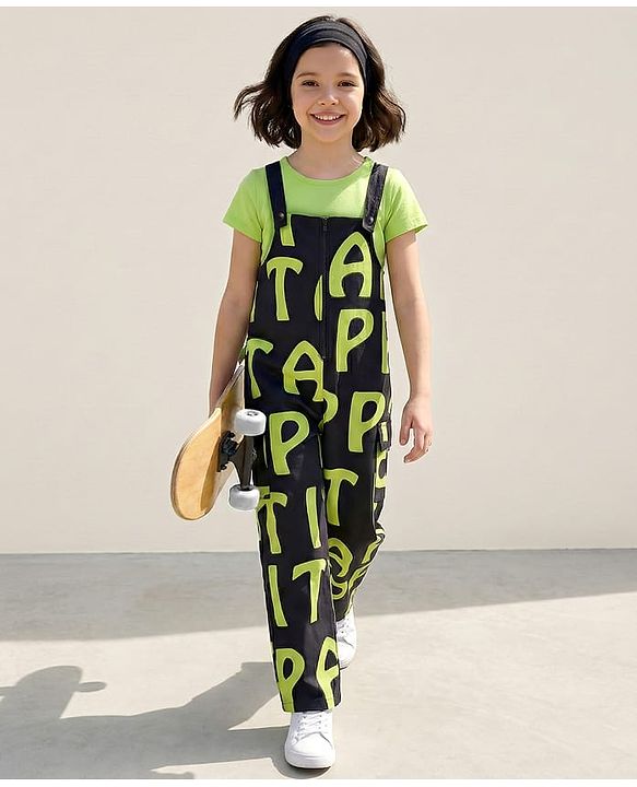 Pine Kids Cotton Knit Half Sleeves Solid T-Shirt & Dungaree with Alphabet Print - Black & Light Green