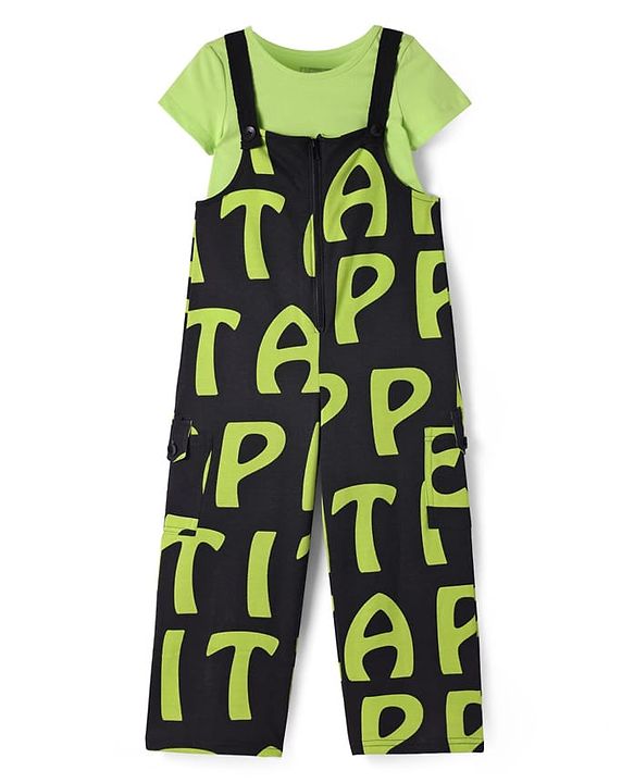 Pine Kids Cotton Knit Half Sleeves Solid T-Shirt & Dungaree with Alphabet Print - Black & Light Green