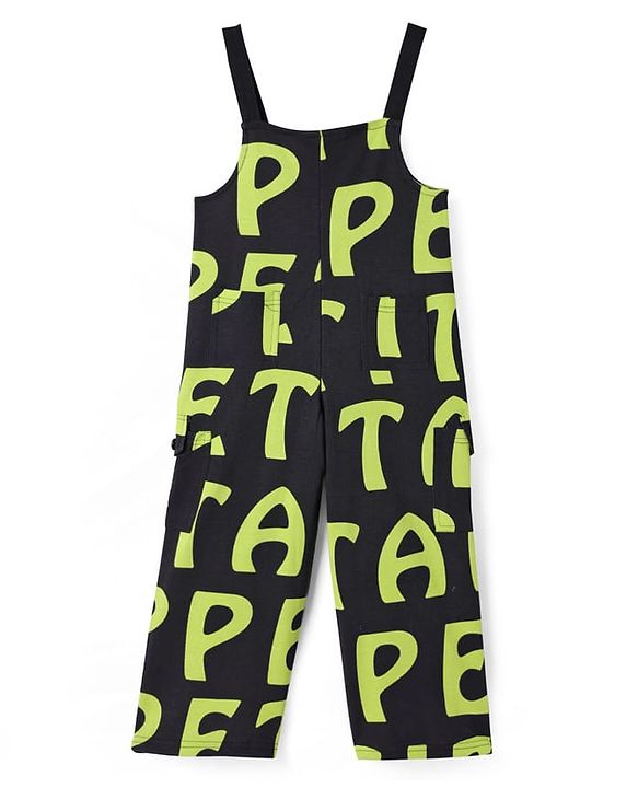 Pine Kids Cotton Knit Half Sleeves Solid T-Shirt & Dungaree with Alphabet Print - Black & Light Green