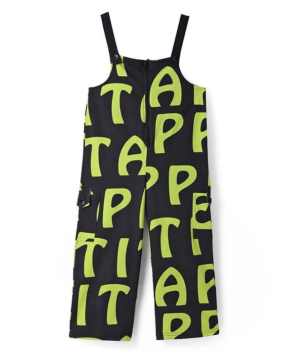 Pine Kids Cotton Knit Half Sleeves Solid T-Shirt & Dungaree with Alphabet Print - Black & Light Green