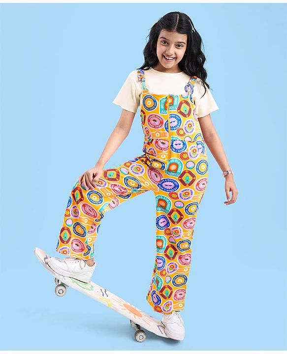 Pine Kids Cotton Kit Text Printed Dungarees & Half Sleeves T-Shirt - Golden