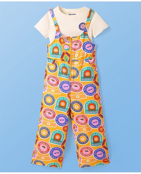 Pine Kids Cotton Kit Text Printed Dungarees & Half Sleeves T-Shirt - Golden