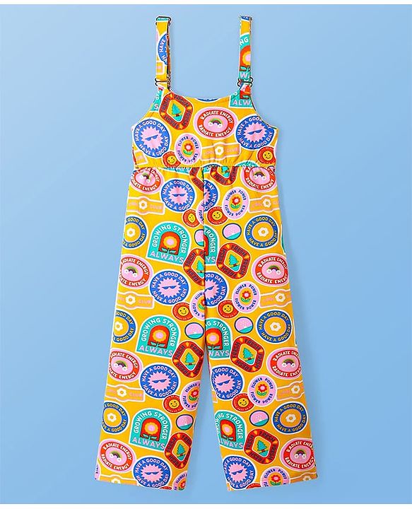 Pine Kids Cotton Kit Text Printed Dungarees & Half Sleeves T-Shirt - Golden