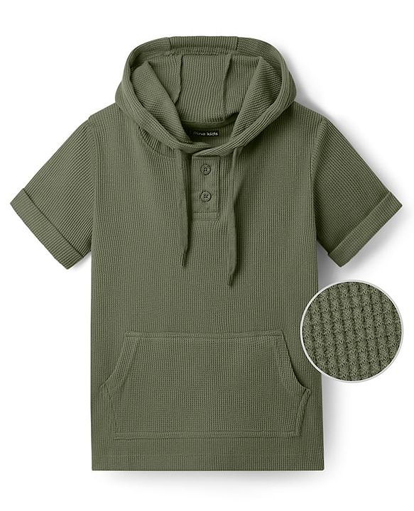 Pine Kids Cotton Knit Half Sleeves  Textured Hooded T-Shirt - Olive Green