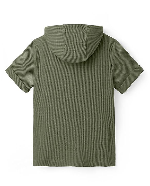 Pine Kids Cotton Knit Half Sleeves  Textured Hooded T-Shirt - Olive Green