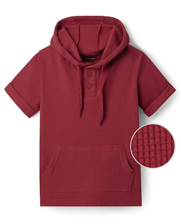Pine Kids Cotton Knit Half Sleeves  Textured Hooded T-Shirt - Olive Green