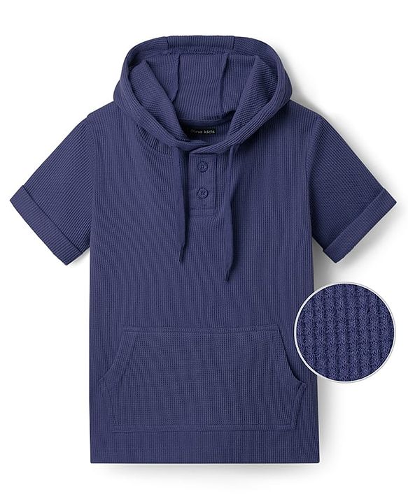 Pine Kids Cotton Knit Half Sleeves  Textured Hooded T-Shirt - Olive Green
