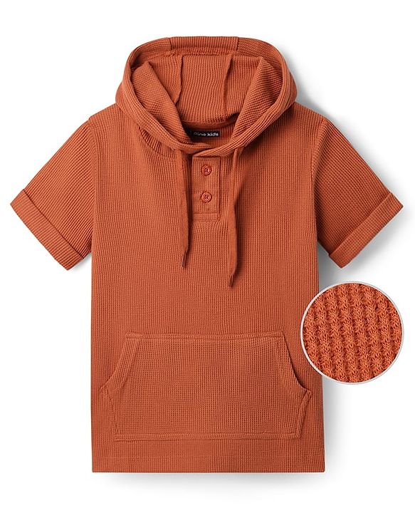 Pine Kids Cotton Knit Half Sleeves  Textured Hooded T-Shirt - Wine