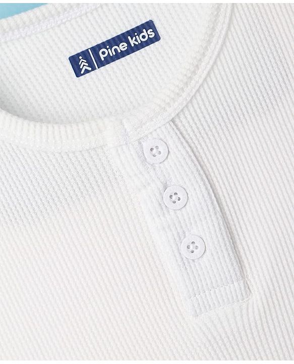 Pine Kids Cotton Knit Half Sleeves  Textured with Henley Neck T-Shirt - White