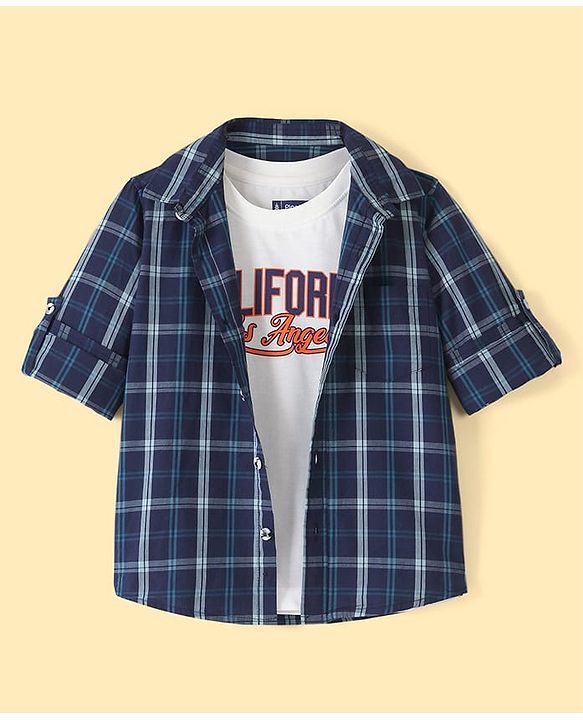 Pine Kids Cotton Woven Full Sleeves Chekered Shirt with T-Shirt - Blue