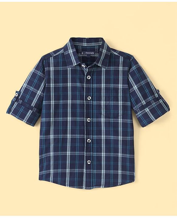 Pine Kids Cotton Woven Full Sleeves Chekered Shirt with T-Shirt - Blue