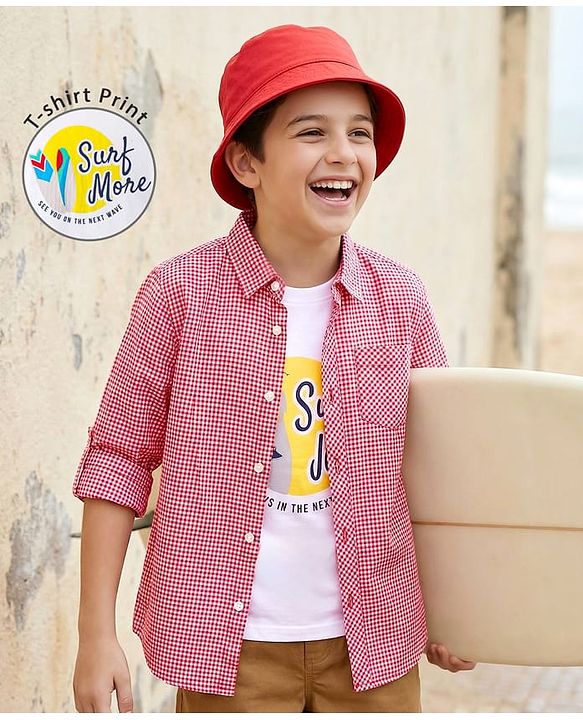 Pine Kids Cotton Woven Full Sleeves Checkered Shirt with Sleeveless T-Shirt