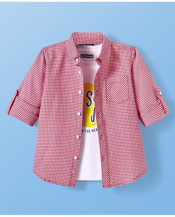 Pine Kids Cotton Woven Full Sleeves Checkered Shirt with Sleeveless T-Shirt