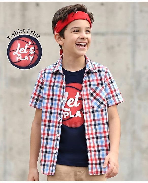Pine Kids Cotton Woven Half Sleeves Checkered Shirt with Text Printed T-Shirt - Red