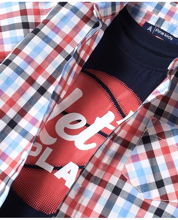 Pine Kids Cotton Woven Half Sleeves Checkered Shirt with Text Printed T-Shirt - Red