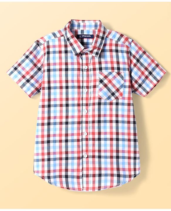 Pine Kids Cotton Woven Half Sleeves Checkered Shirt with Text Printed T-Shirt - Red