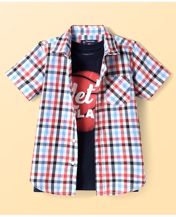 Pine Kids Cotton Woven Half Sleeves Checkered Shirt with Text Printed T-Shirt - Red