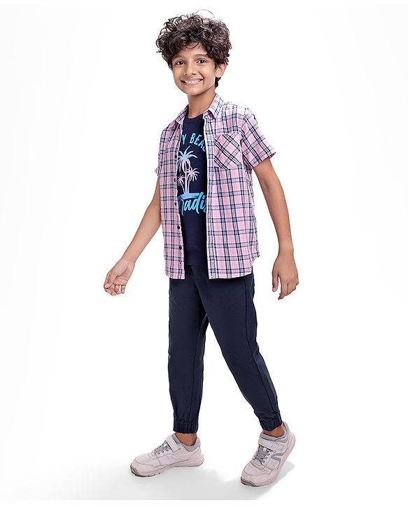 Pine Kids Cotton Woven Half Sleeves Check Shirt with Text Print Inner Tank T-Shirt - Pink & Black
