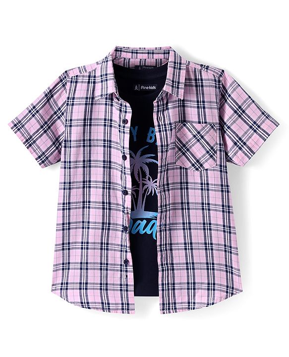 Pine Kids Cotton Woven Half Sleeves Check Shirt with Text Print Inner Tank T-Shirt - Pink & Black