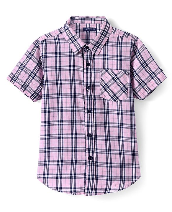 Pine Kids Cotton Woven Half Sleeves Check Shirt with Text Print Inner Tank T-Shirt - Pink & Black