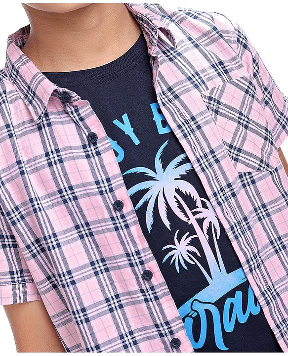 Pine Kids Cotton Woven Half Sleeves Check Shirt with Text Print Inner Tank T-Shirt - Pink & Black