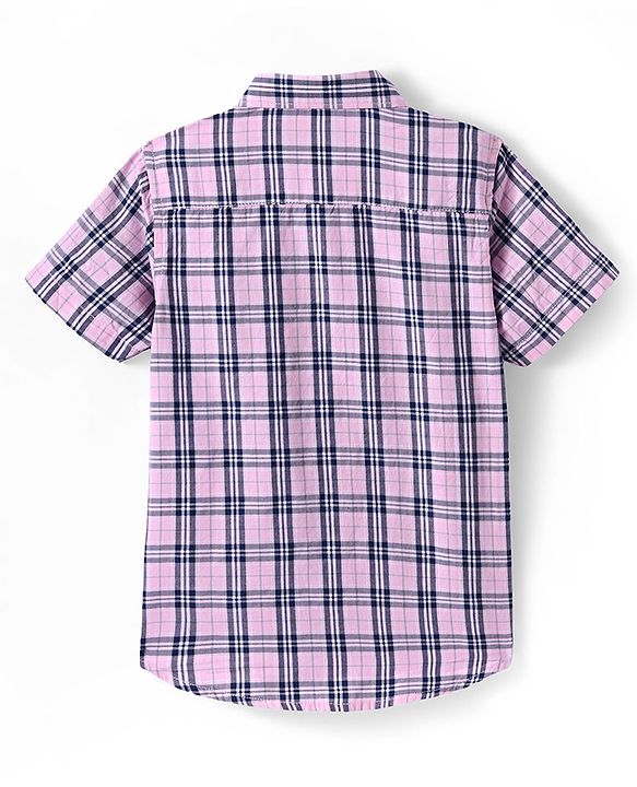 Pine Kids Cotton Woven Half Sleeves Check Shirt with Text Print Inner Tank T-Shirt - Pink & Black