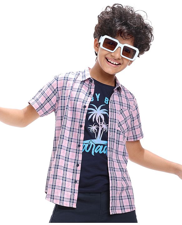 Pine Kids Cotton Woven Half Sleeves Check Shirt with Text Print Inner Tank T-Shirt - Pink & Black