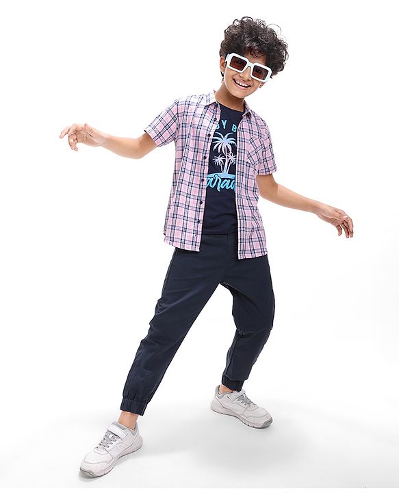 Pine Kids Cotton Woven Half Sleeves Check Shirt with Text Print Inner Tank T-Shirt - Pink & Black