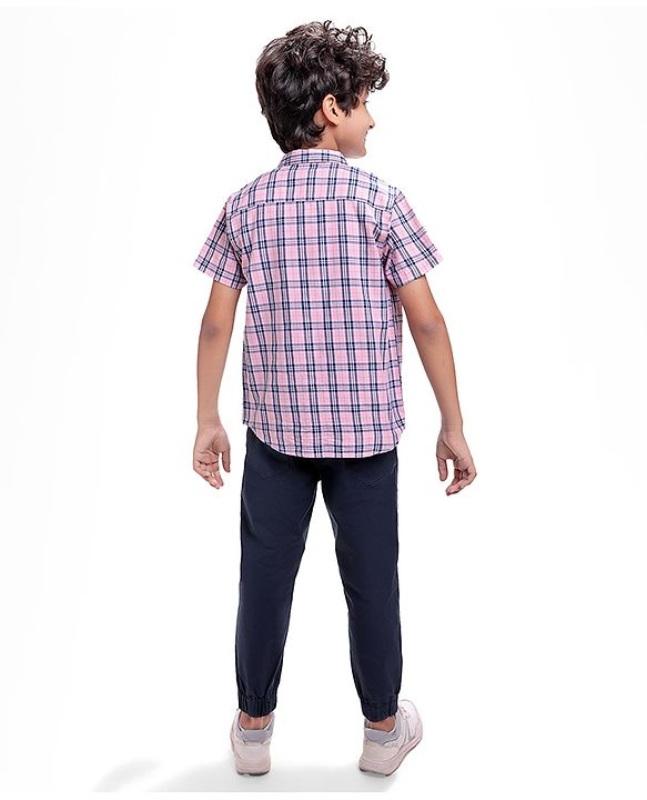 Pine Kids Cotton Woven Half Sleeves Check Shirt with Text Print Inner Tank T-Shirt - Pink & Black