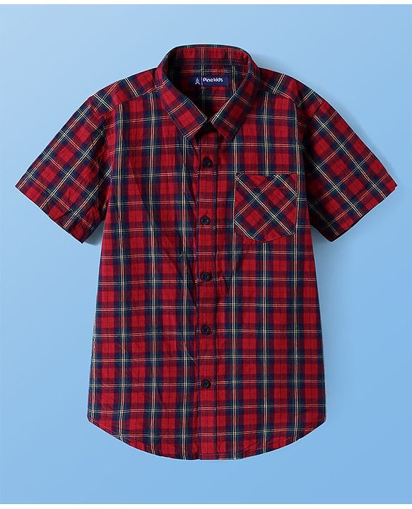 Pine Kids Cotton Woven Half Sleeves Checked Shirt with T-Shirt - Red