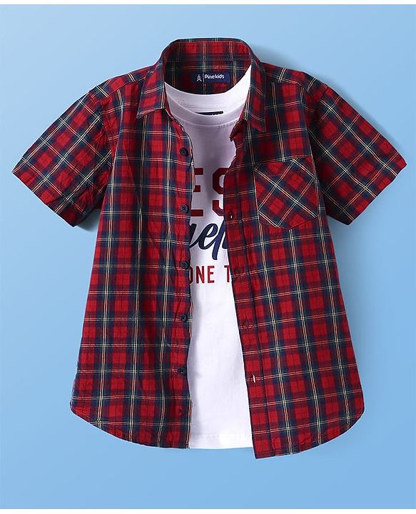 Pine Kids Cotton Woven Half Sleeves Checked Shirt with T-Shirt - Red