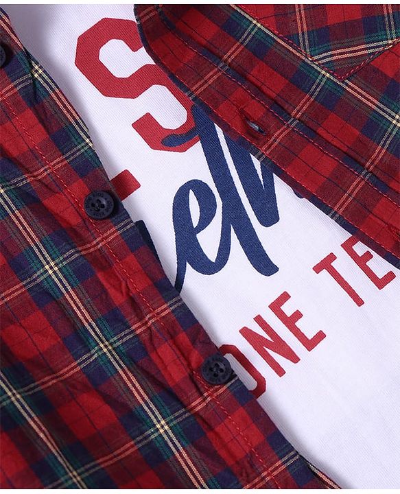 Pine Kids Cotton Woven Half Sleeves Checked Shirt with T-Shirt - Red