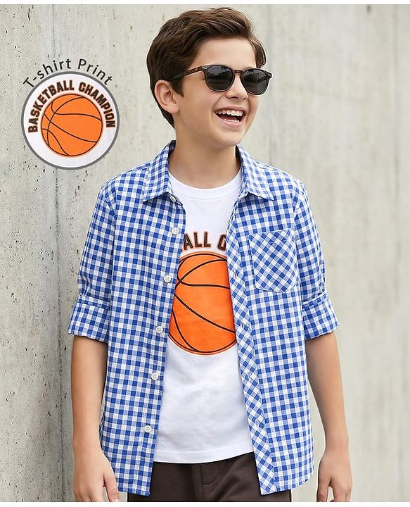 Pine Kids Cotton Woven Full Sleeves Checkered Shirt With T-Shirt - Blue