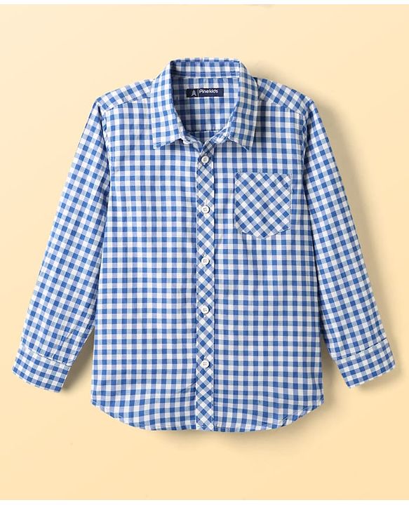 Pine Kids Cotton Woven Full Sleeves Checkered Shirt With T-Shirt - Blue