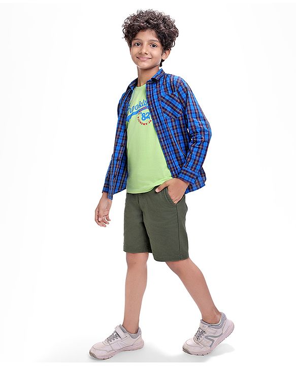 Pine Kids Cotton Woven Full Sleeves Checks Shirt With Text Printed T-Shirt - Navy Blue & Red