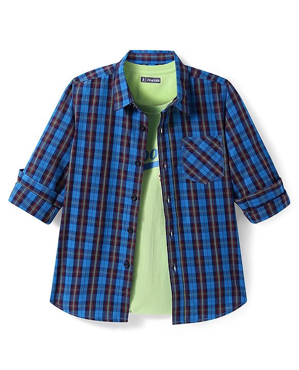 Pine Kids Cotton Woven Full Sleeves Checks Shirt With Text Printed T-Shirt - Navy Blue & Red