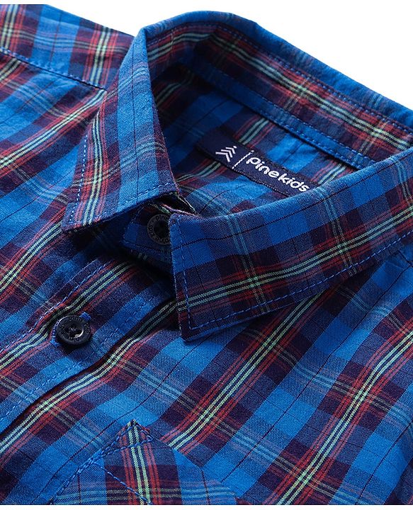 Pine Kids Cotton Woven Full Sleeves Checks Shirt With Text Printed T-Shirt - Navy Blue & Red