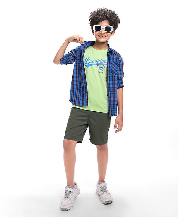 Pine Kids Cotton Woven Full Sleeves Checks Shirt With Text Printed T-Shirt - Navy Blue & Red