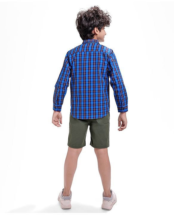 Pine Kids Cotton Woven Full Sleeves Checks Shirt With Text Printed T-Shirt - Navy Blue & Red