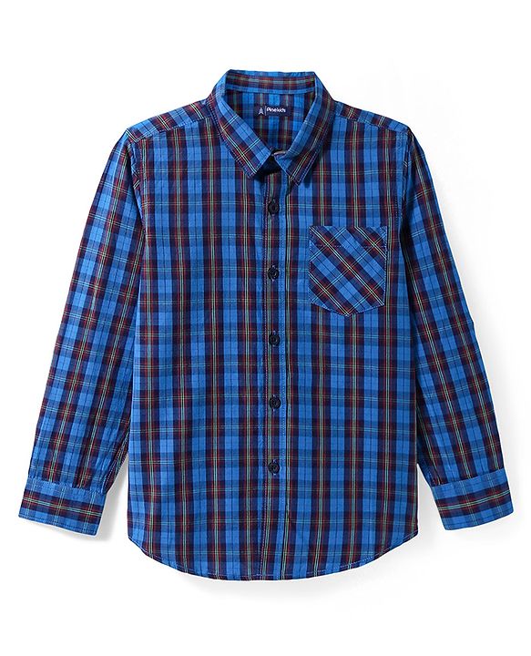 Pine Kids Cotton Woven Full Sleeves Checks Shirt With Text Printed T-Shirt - Navy Blue & Red