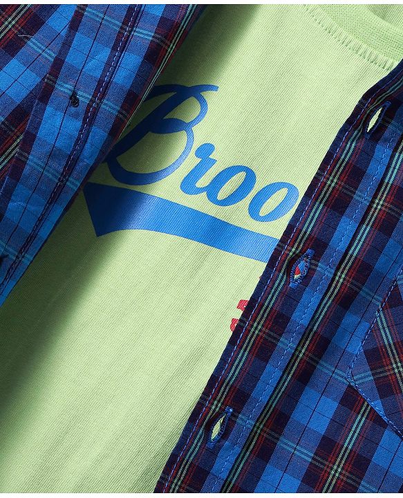 Pine Kids Cotton Woven Full Sleeves Checks Shirt With Text Printed T-Shirt - Navy Blue & Red