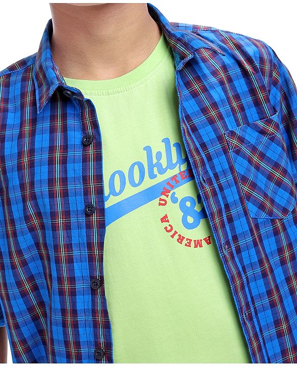 Pine Kids Cotton Woven Full Sleeves Checks Shirt With Text Printed T-Shirt - Navy Blue & Red